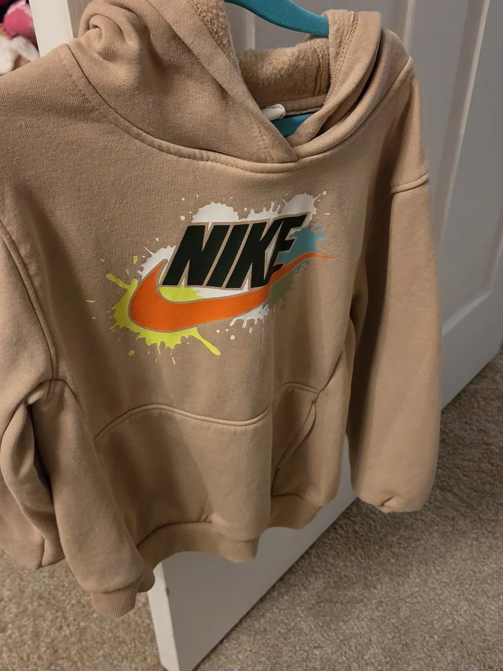 Nike Tan Hoodie with Orange and Lime Swoosh